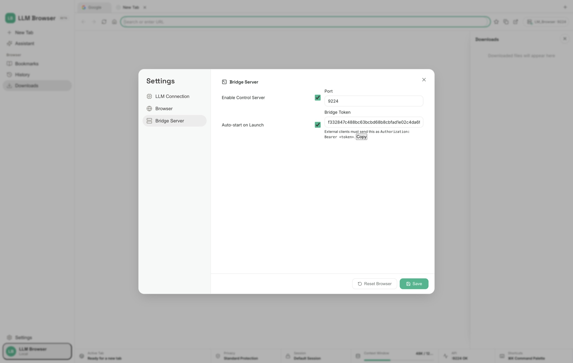 LLM Browser Settings on the Bridge Server tab with the control server enabled, a port, auto-start on launch, and a bridge token field.