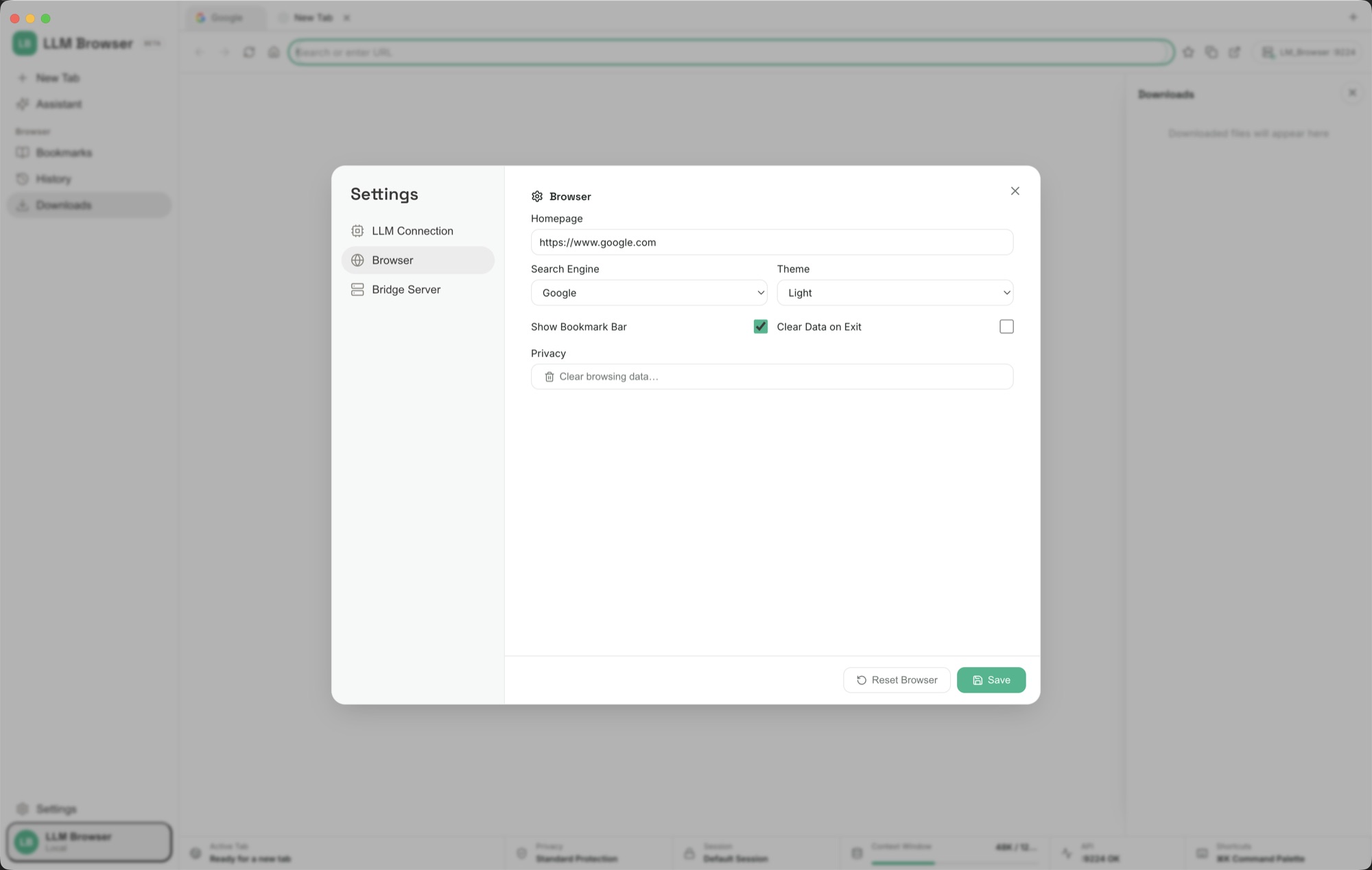 LLM Browser Settings on the Browser tab with homepage, search engine, theme, and privacy controls.