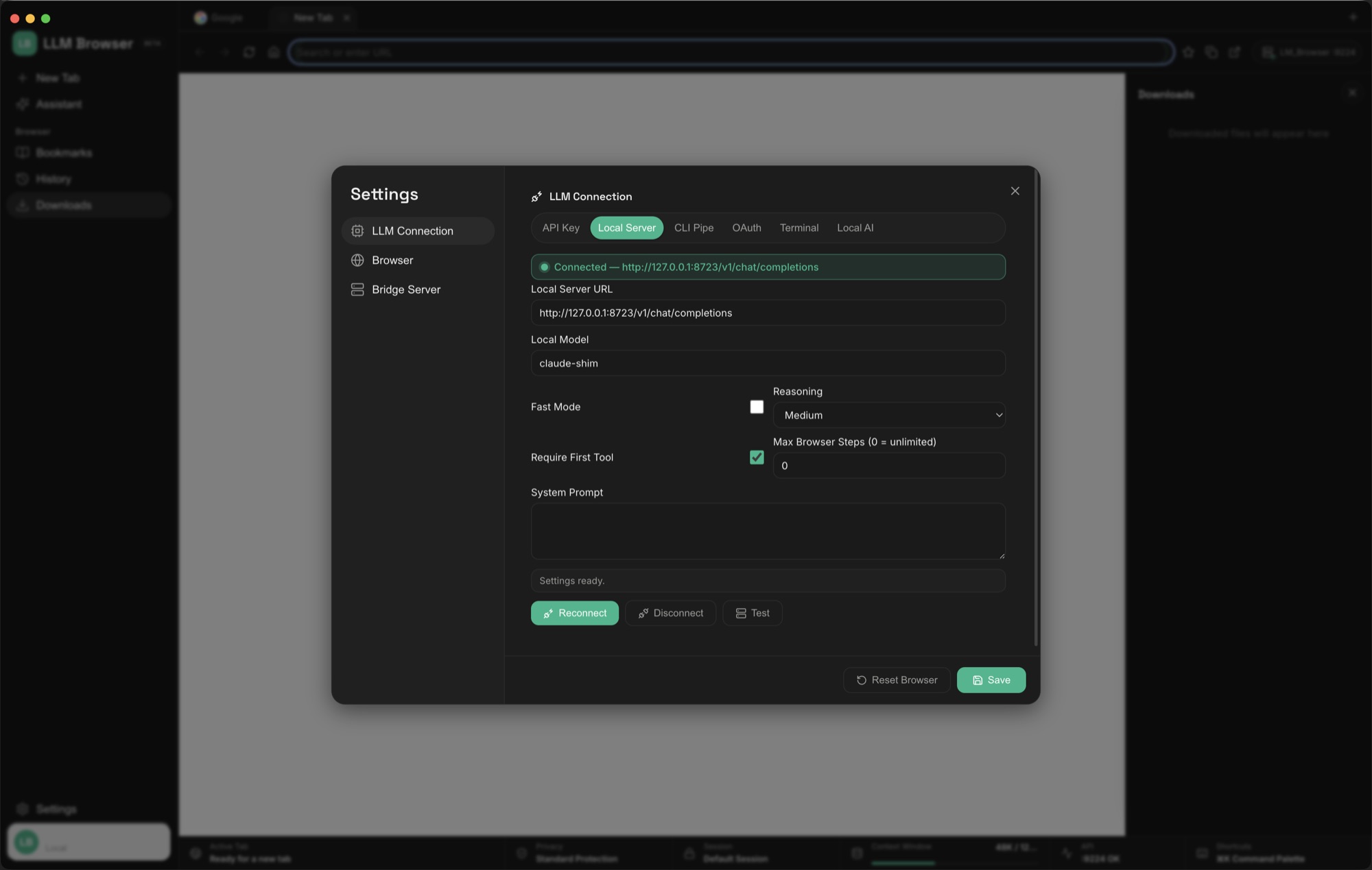 LLM Browser settings shown in dark theme.