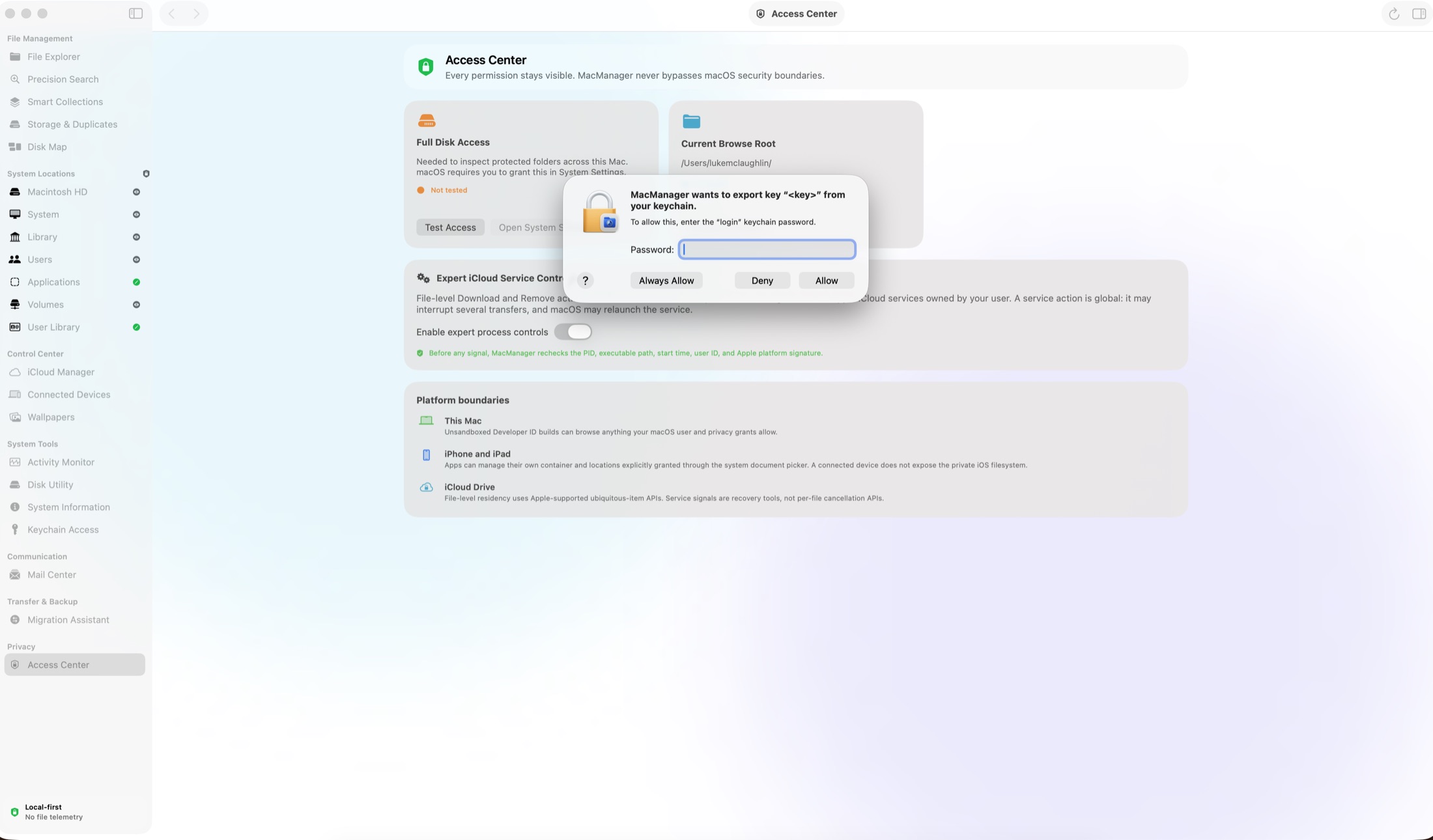 Access Center — every permission the app holds, and what it is used for.
