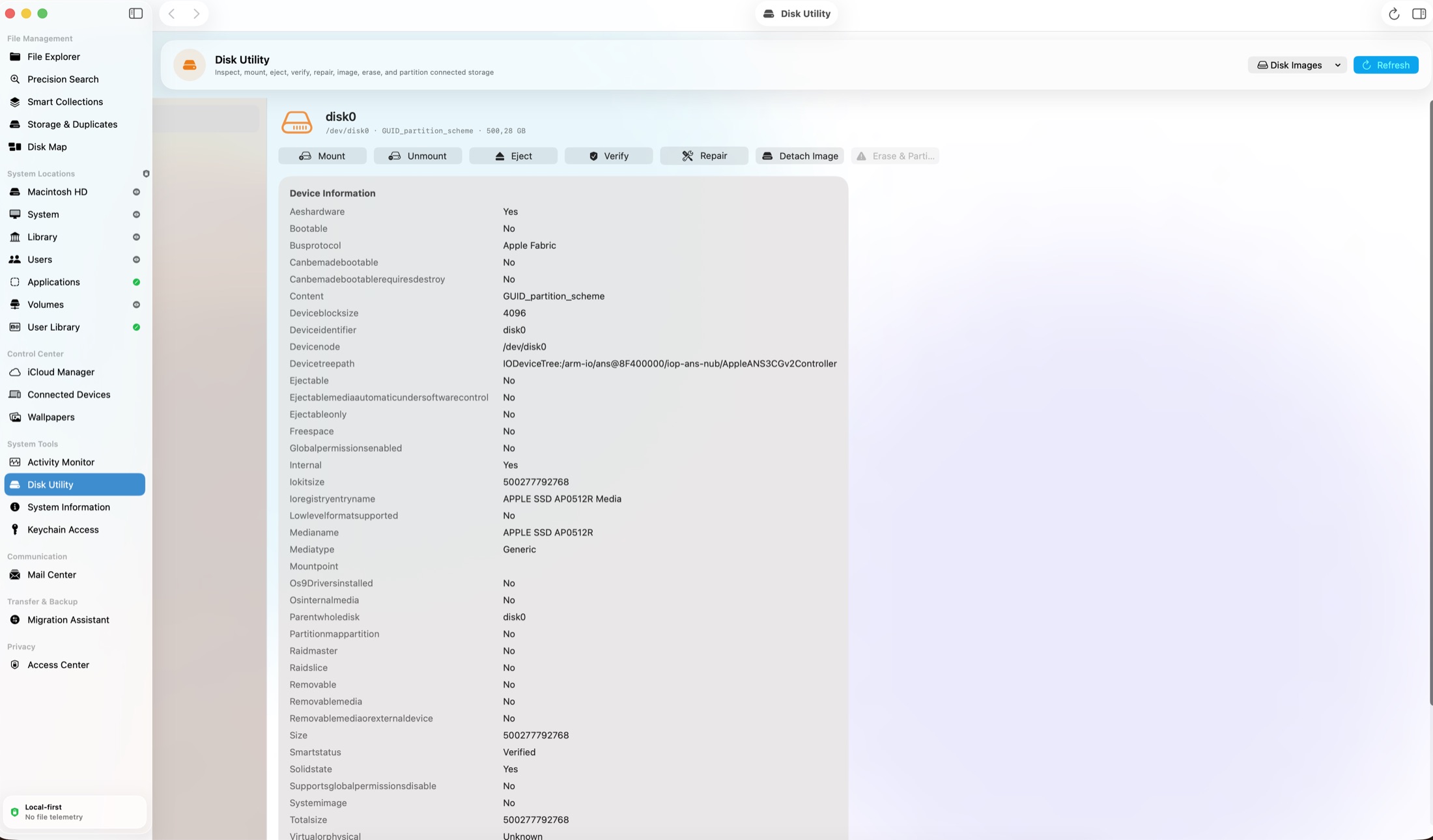 Disk Utility — native volume management backed by diskutil and hdiutil.