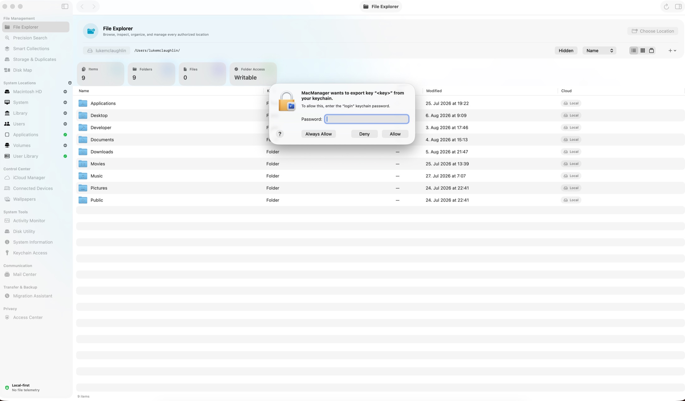MacManager browsing a home folder in list view with item counts, folder access state, exact modified dates and per-item iCloud residency.