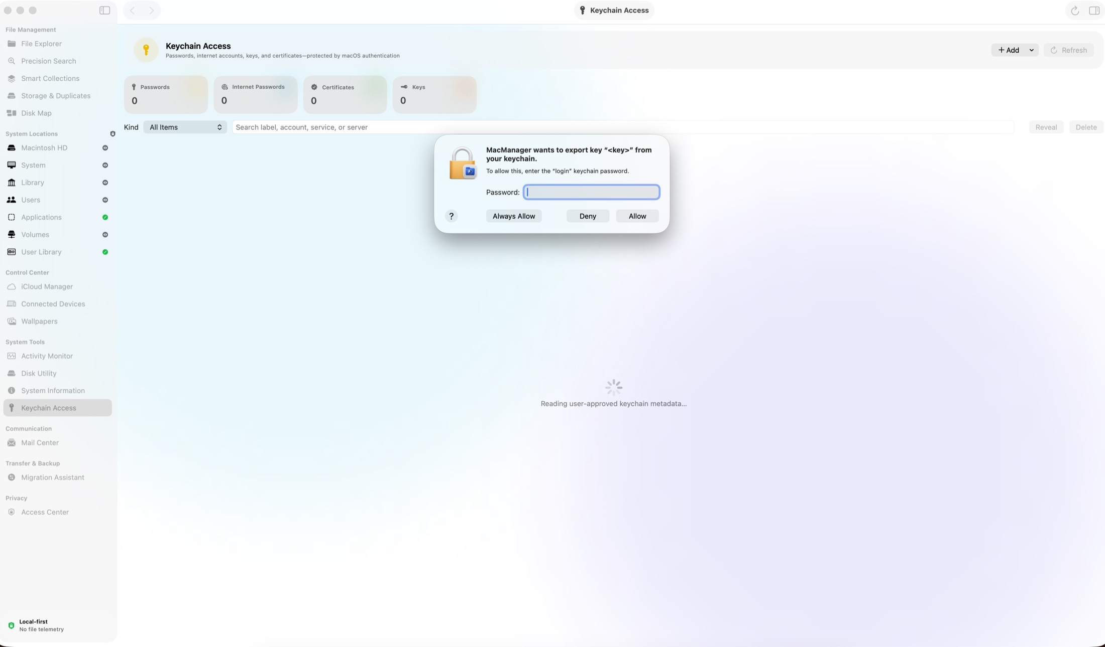 Keychain Access — metadata browsing and authenticated secret reveal on Security.framework.