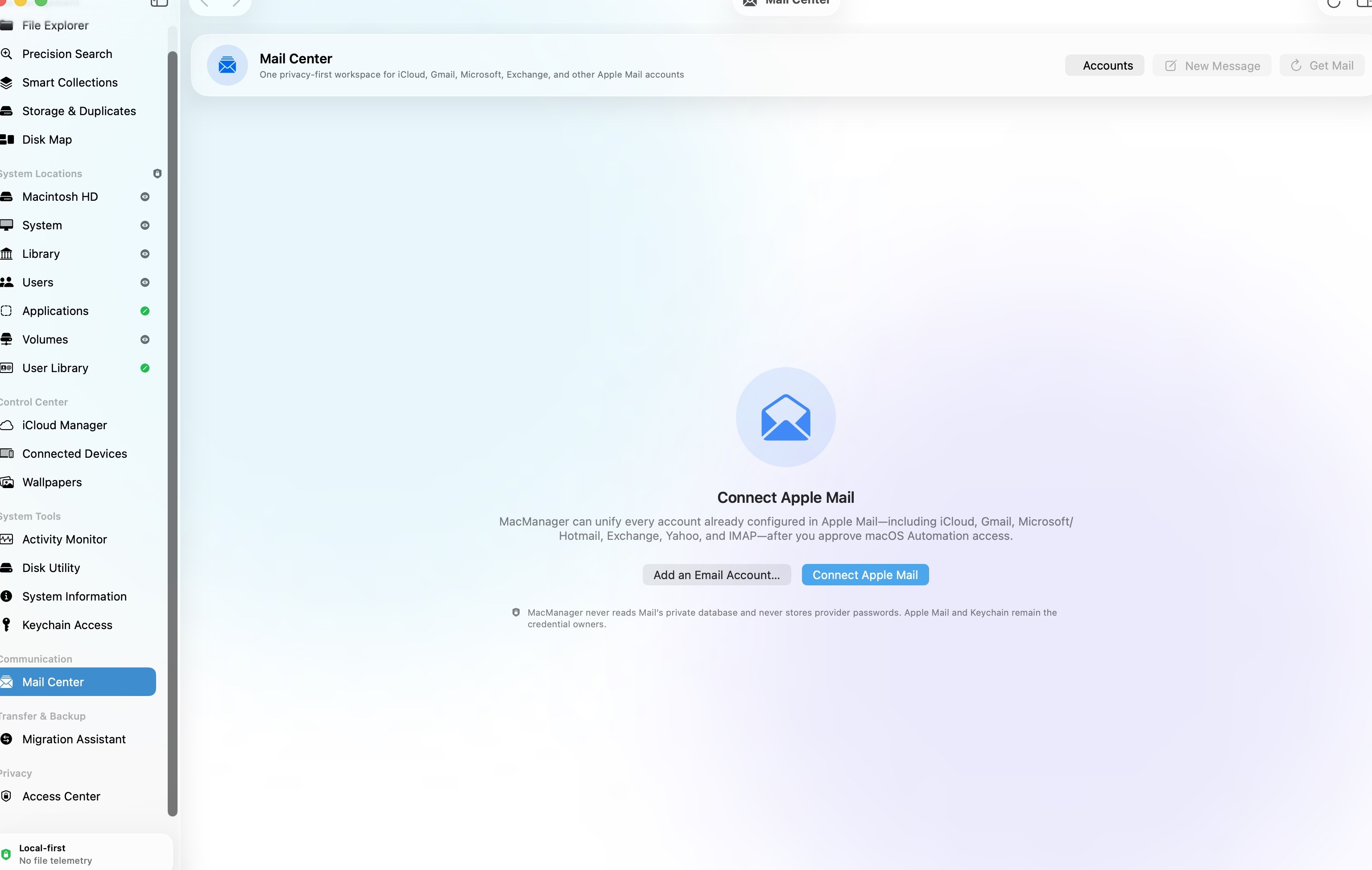 MacManager Mail Center, one privacy-first workspace for iCloud, Gmail, Microsoft, and Exchange accounts