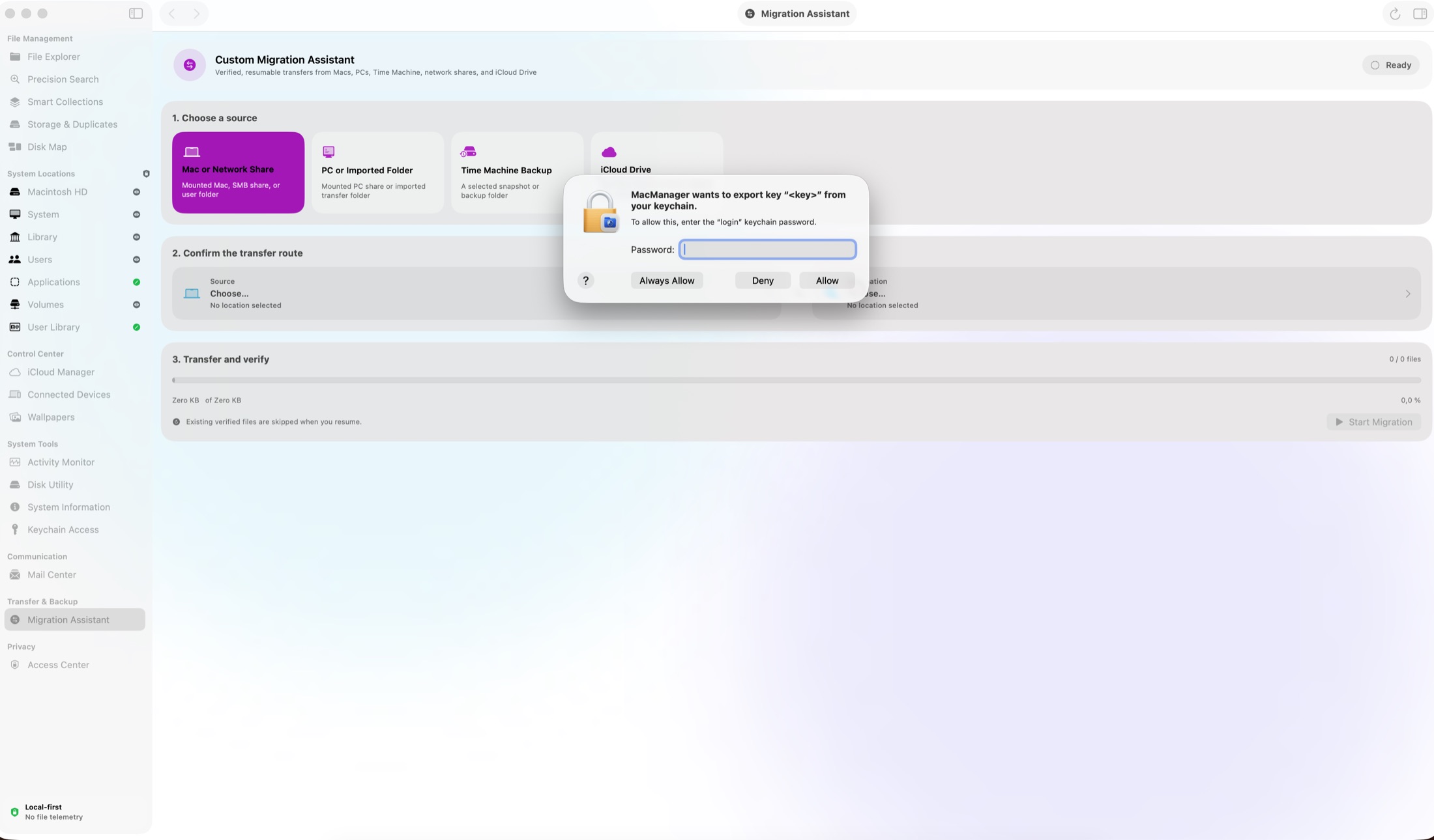 Migration Assistant — verified, resumable transfer with SHA-256 checks.
