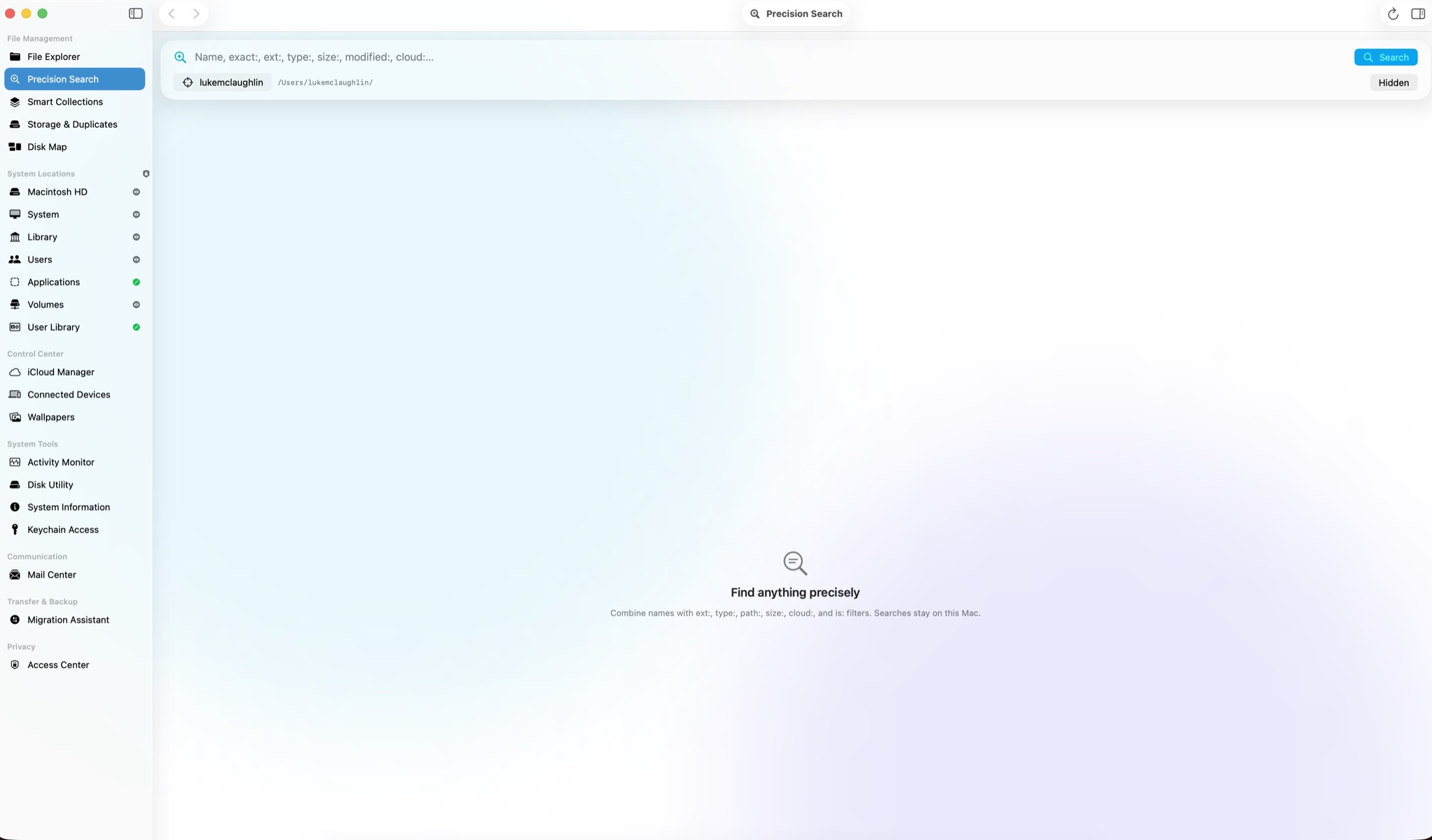 Precision Search — streaming search with quoted terms and typed filters.