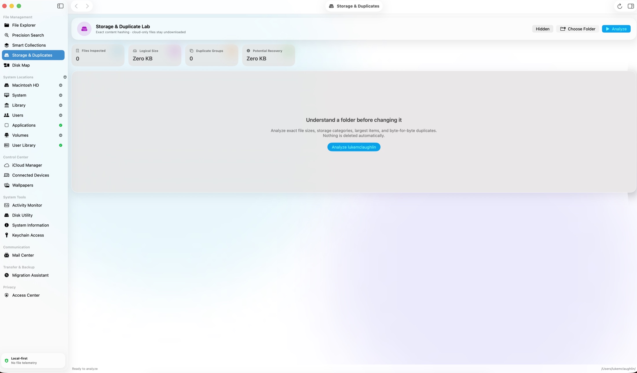 Storage and duplicates — where the space went and which files are genuinely identical.