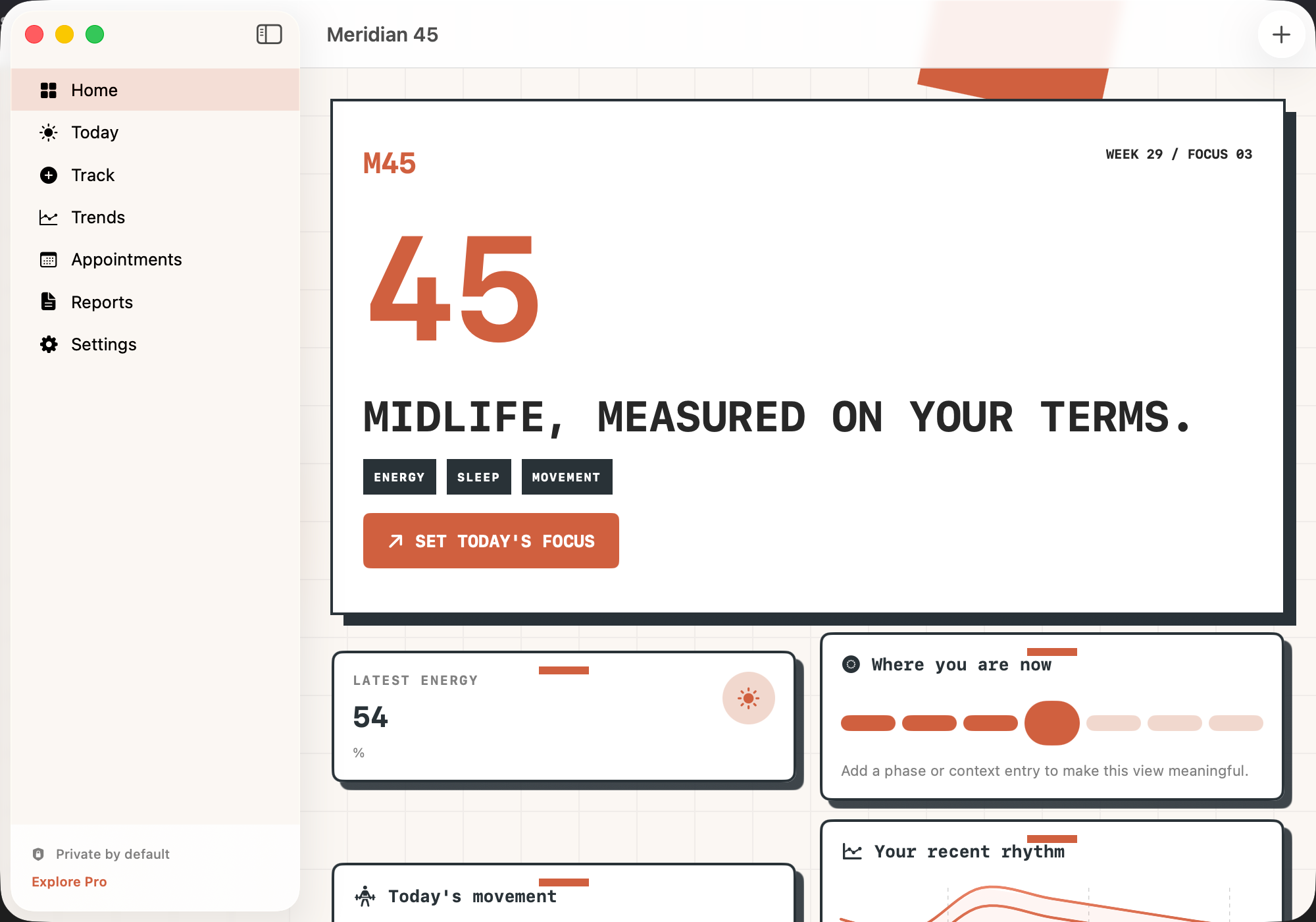 Meridian 45 — Midlife health dashboard app store reference