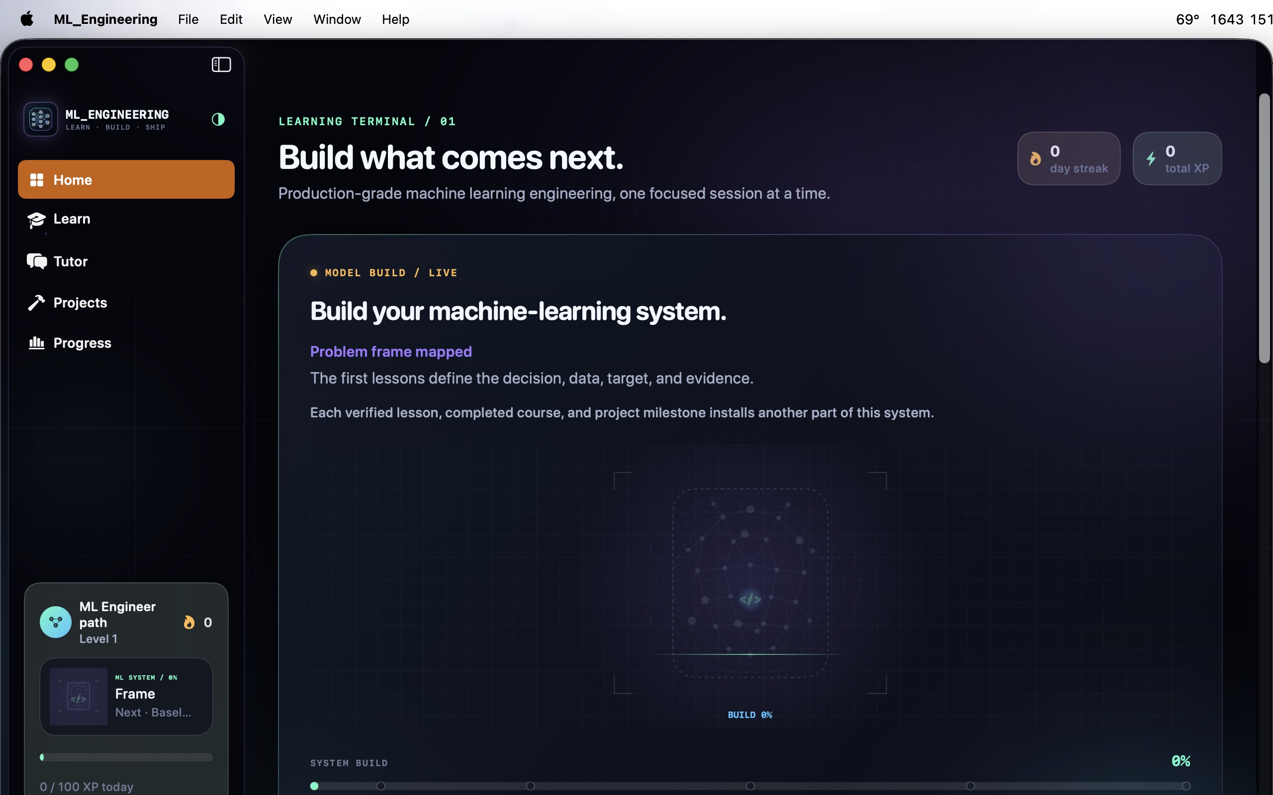 ML Engineering app dashboard with the learning path, a live ML-system construction scene, course progress, XP, and the learning sidebar.