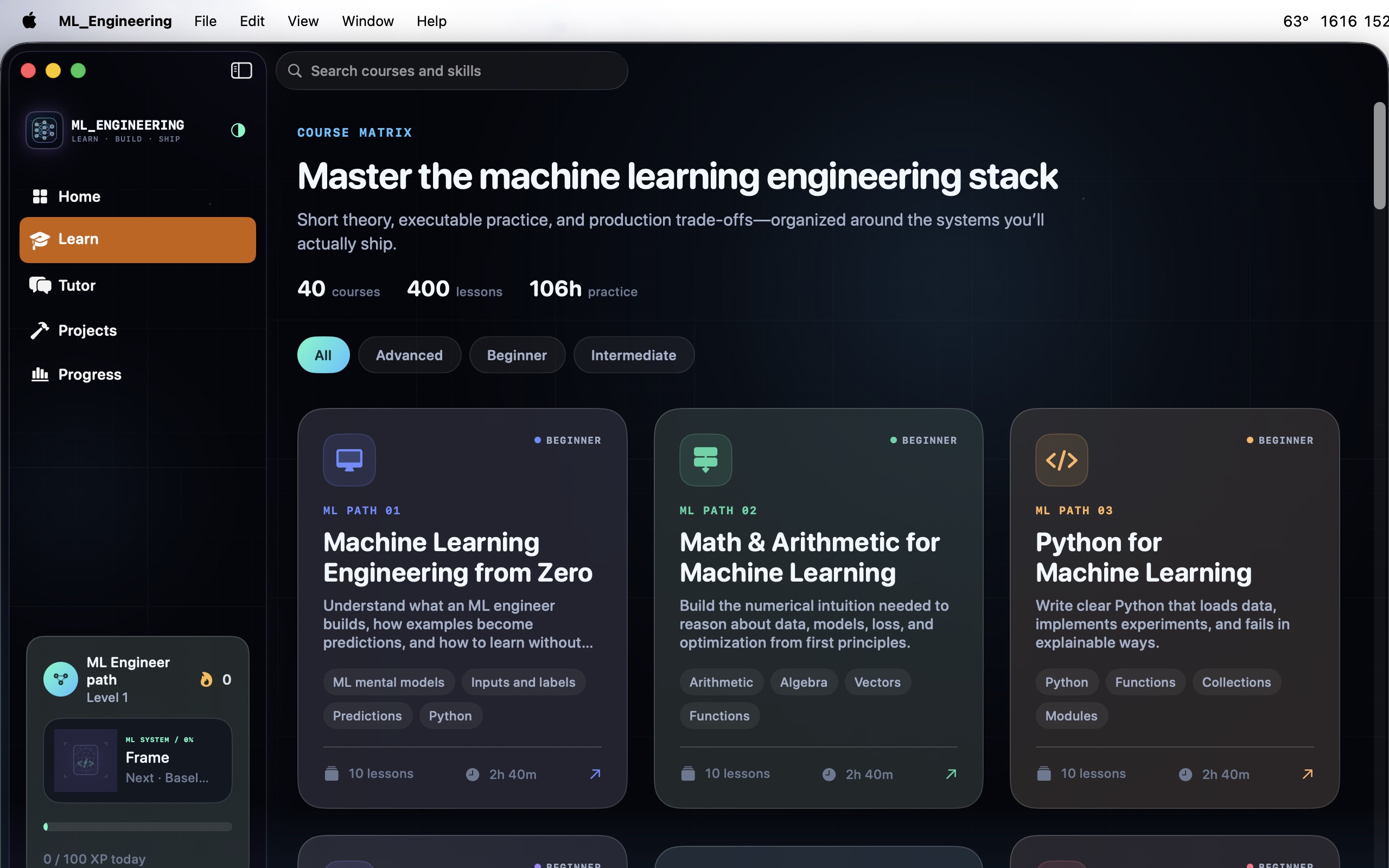 ML Engineering course catalog showing searchable courses with module and lesson completion.