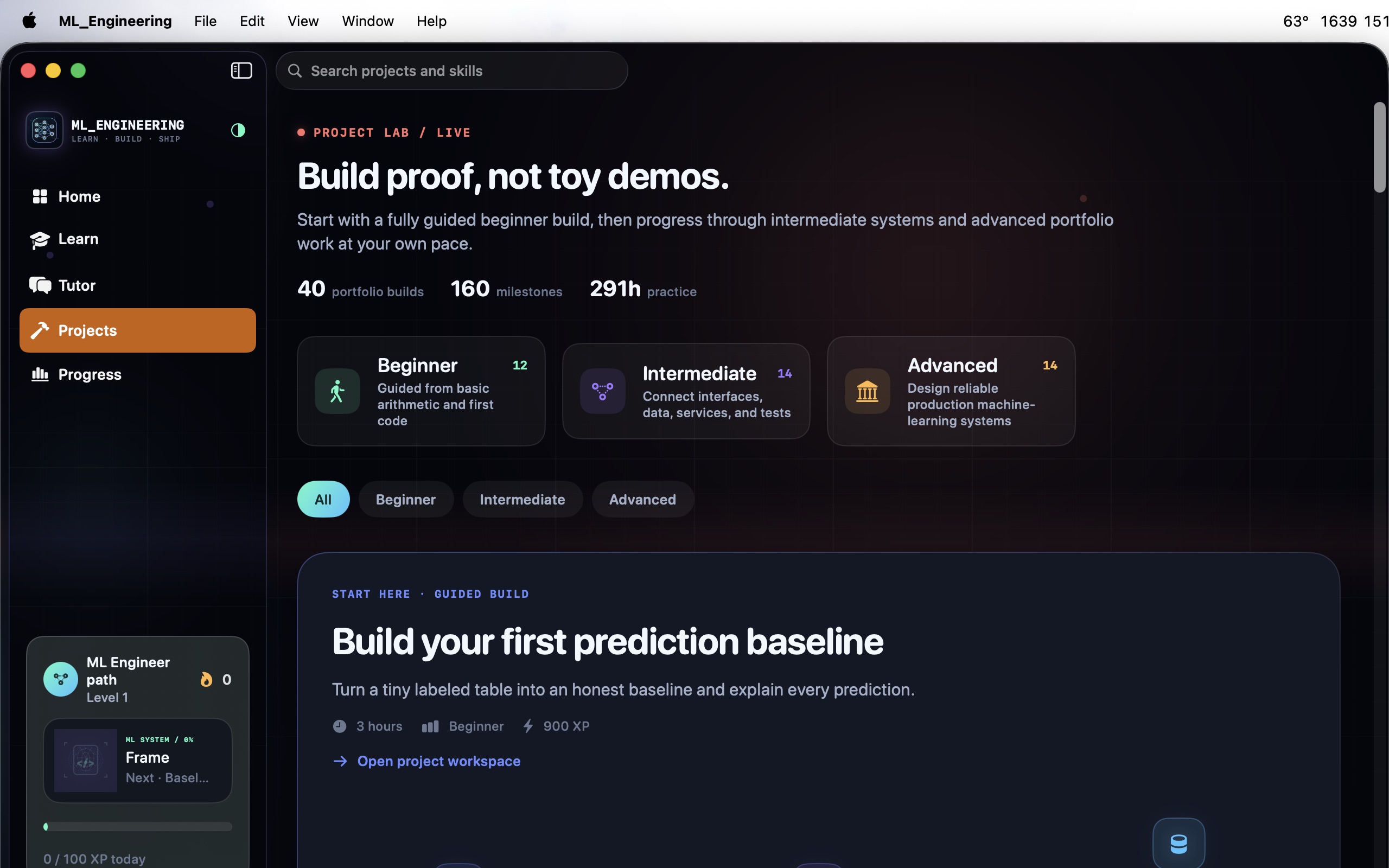 ML Engineering project list showing portfolio builds across beginner, intermediate, and advanced levels.
