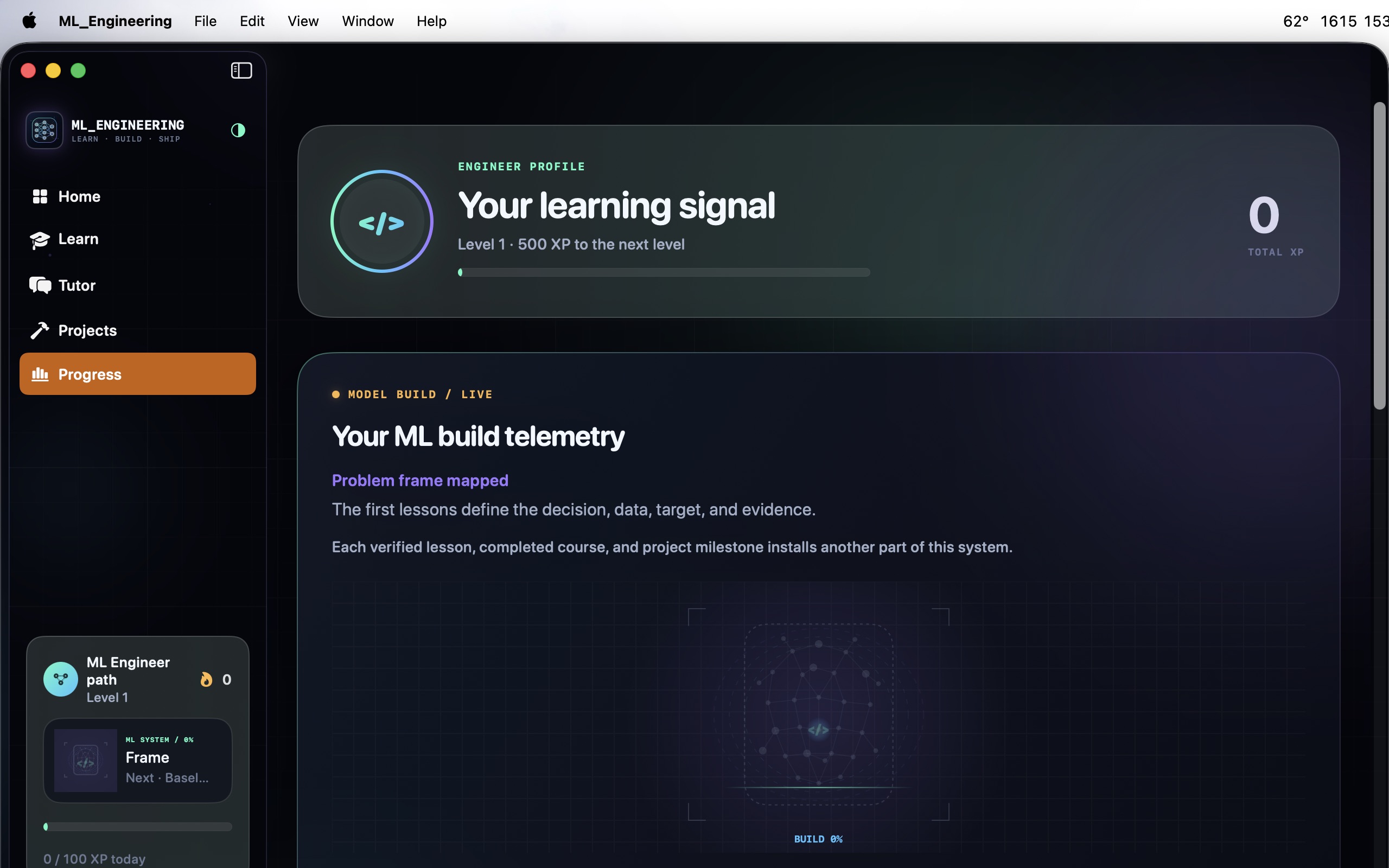 ML Engineering progress profile with XP, streaks, skill progression, and role readiness.