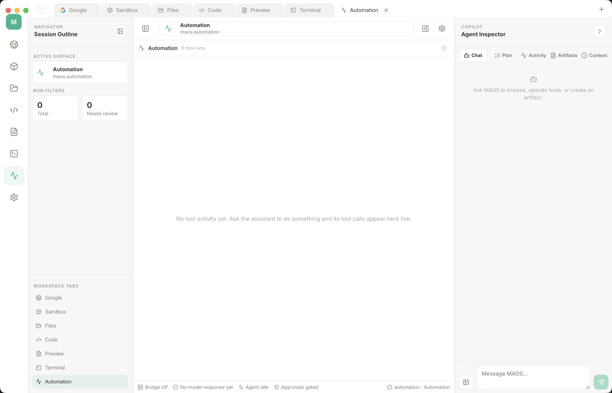 Close-up of the MAOS Bridge chat showing a completed step labelled 3 tool runs, a user request to search the browser, the agent's plan, and 16 tool runs, above the message input box.