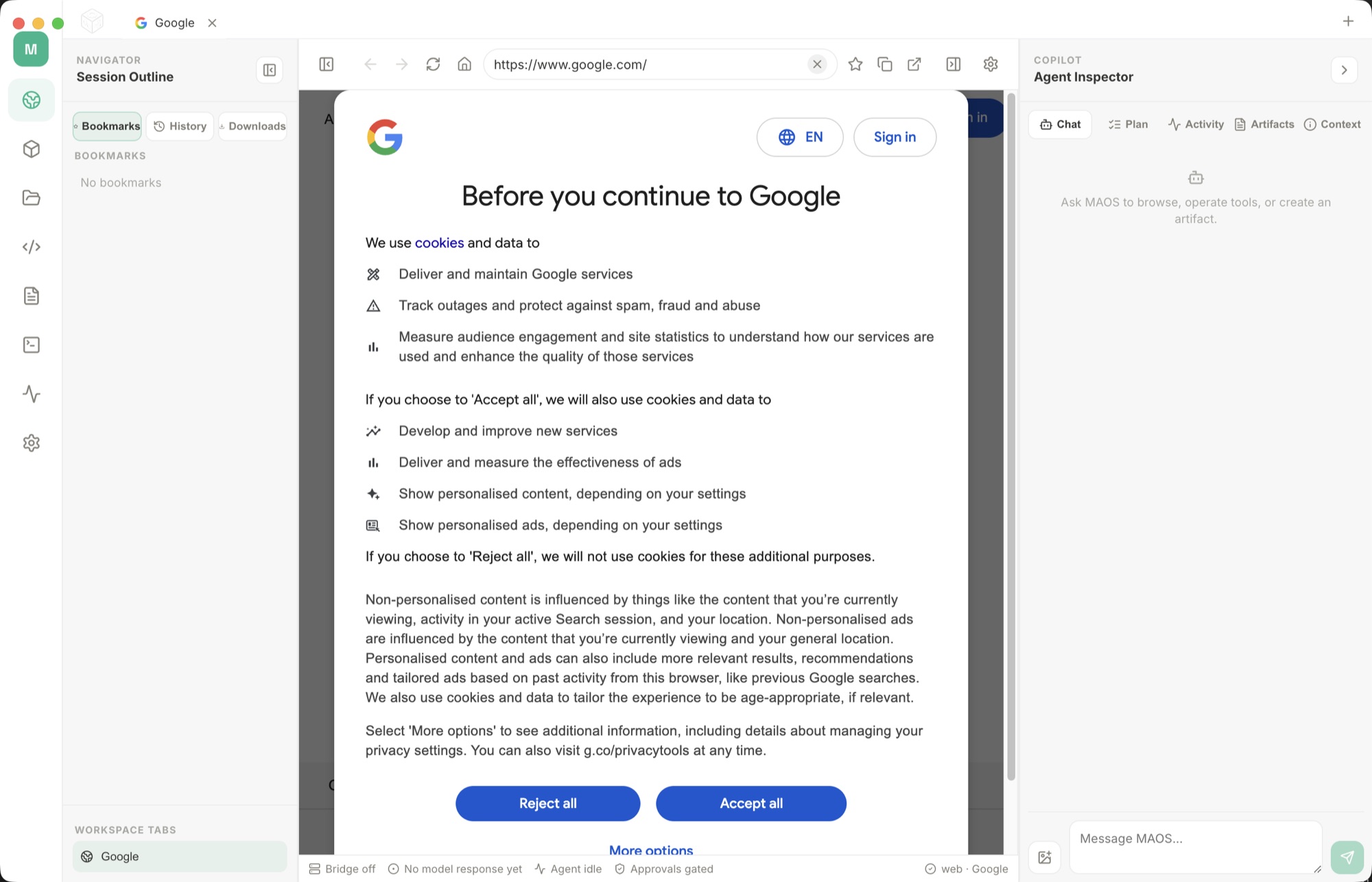 Browser workspace screenshot in MultiAgentOS.