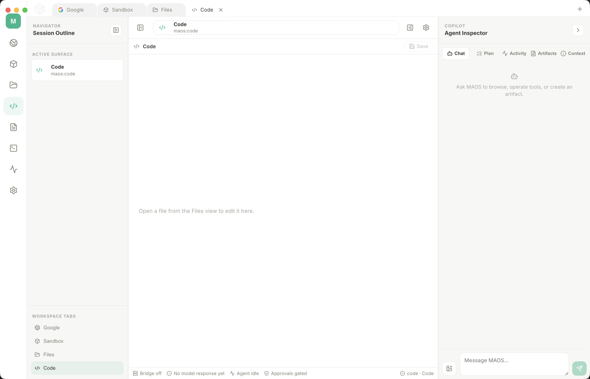 MultiAgentOS code sidecar with editor, activity details, and prompt controls.