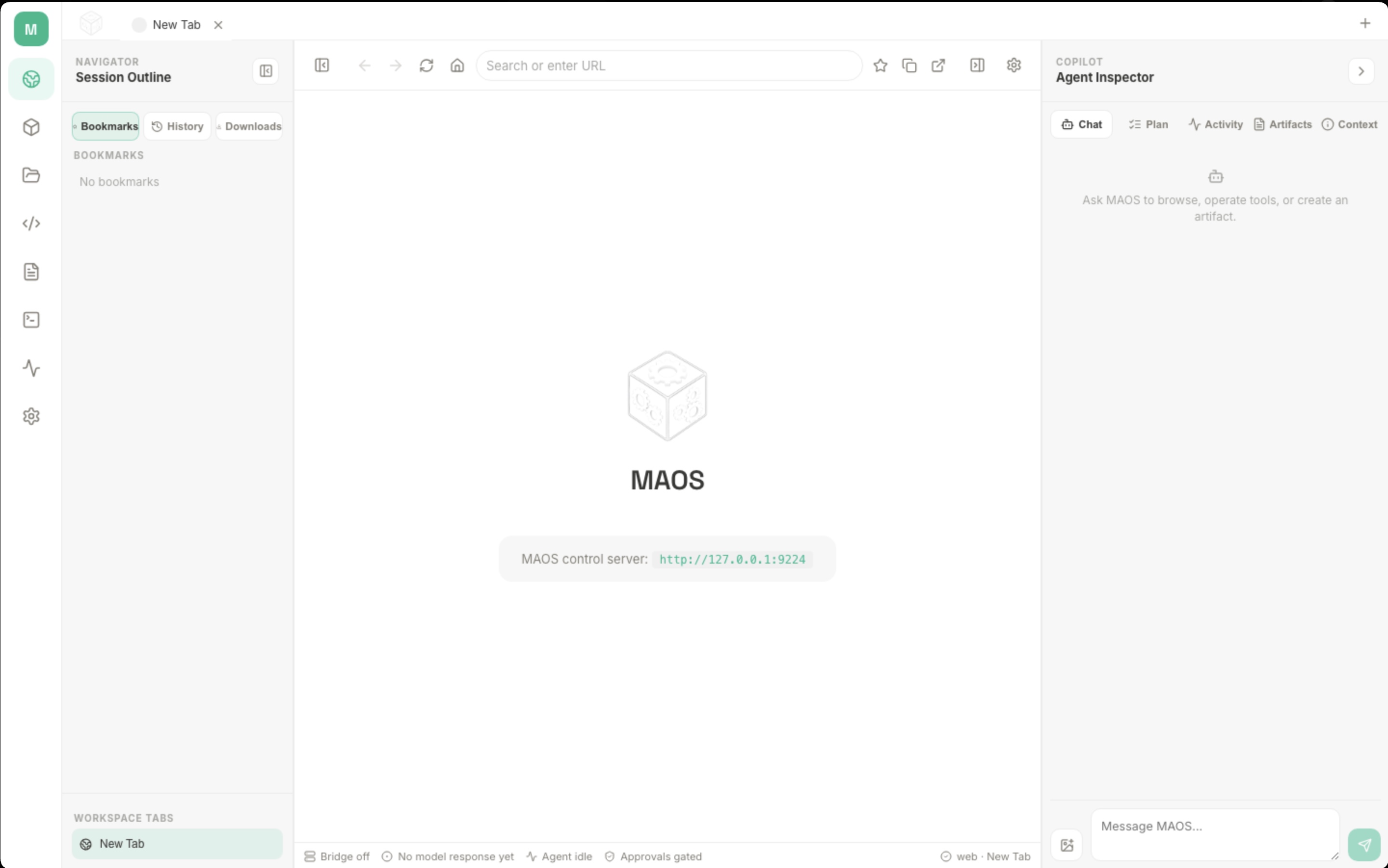 MultiAgentOS desktop app with navigator, browser workspace, and agent inspector panes