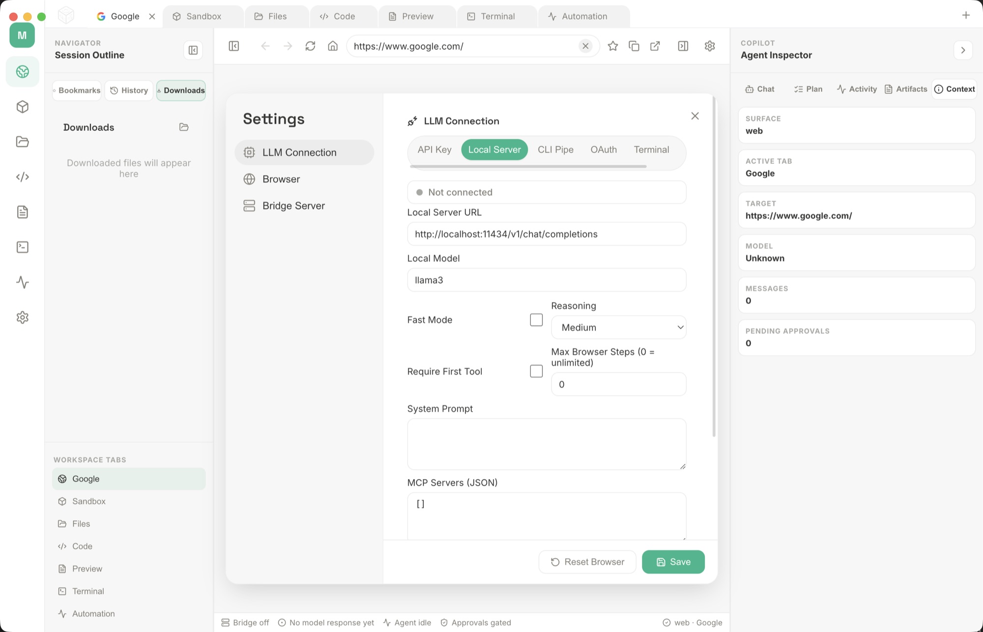 MultiAgentOS Settings on the LLM Connection Local Server tab with a localhost endpoint, the llama3 model, reasoning level, system prompt, and MCP servers JSON field.
