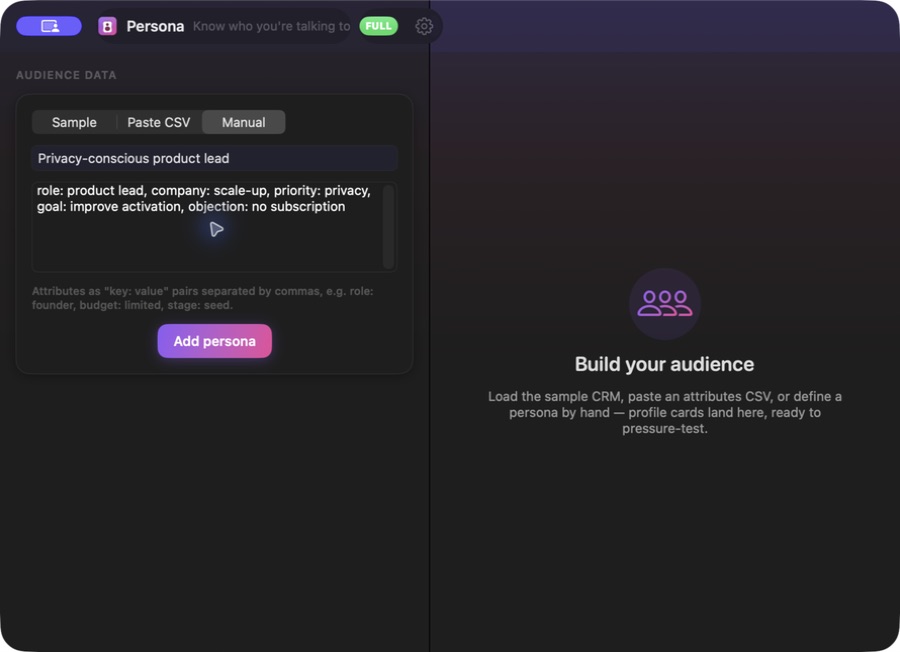 Persona Audience Studio — Manual persona builder