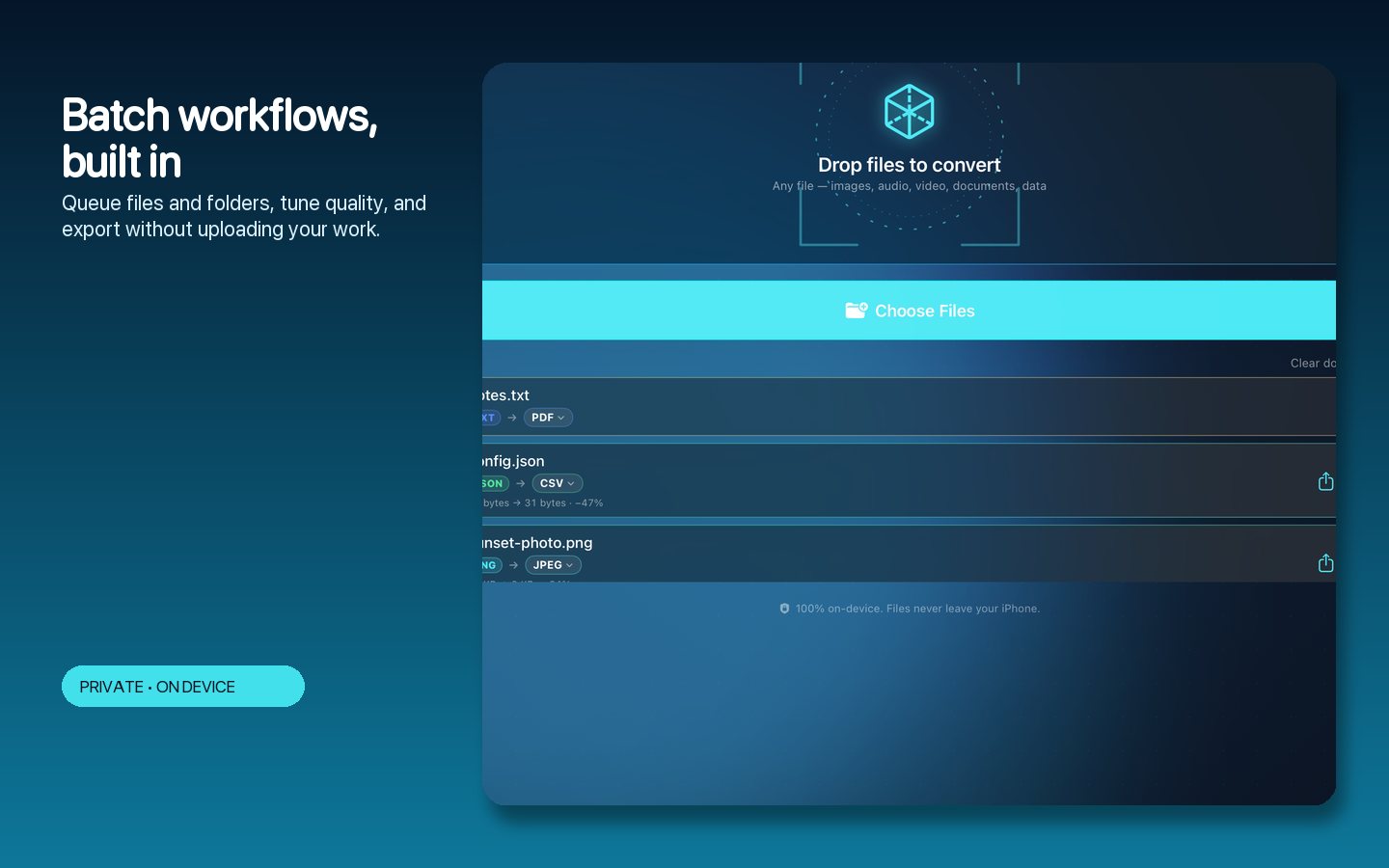 Batch it — Whole folders queued with one quality setting applied across the set.