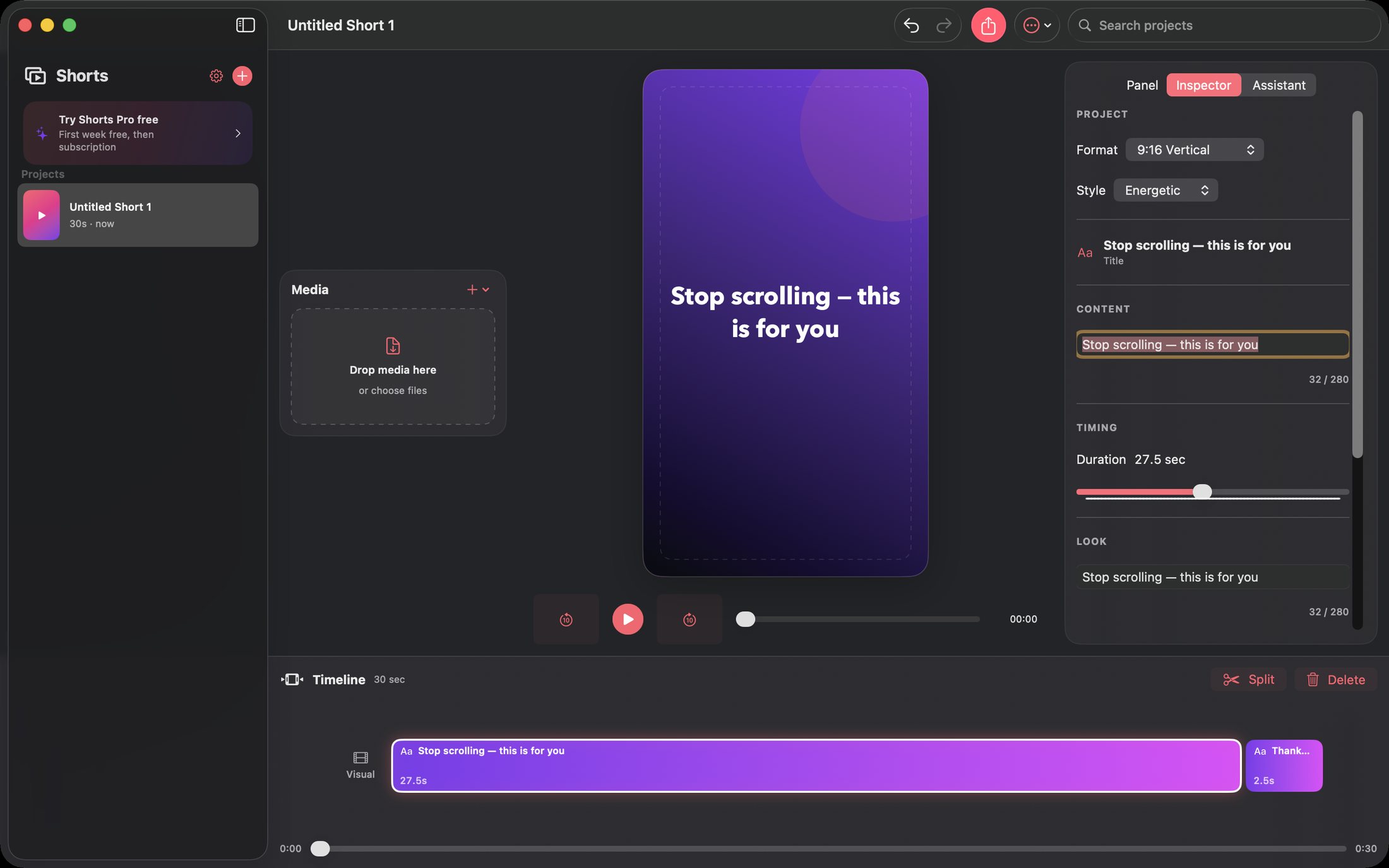 Shorts editor with vertical preview, inspector and multitrack timeline.