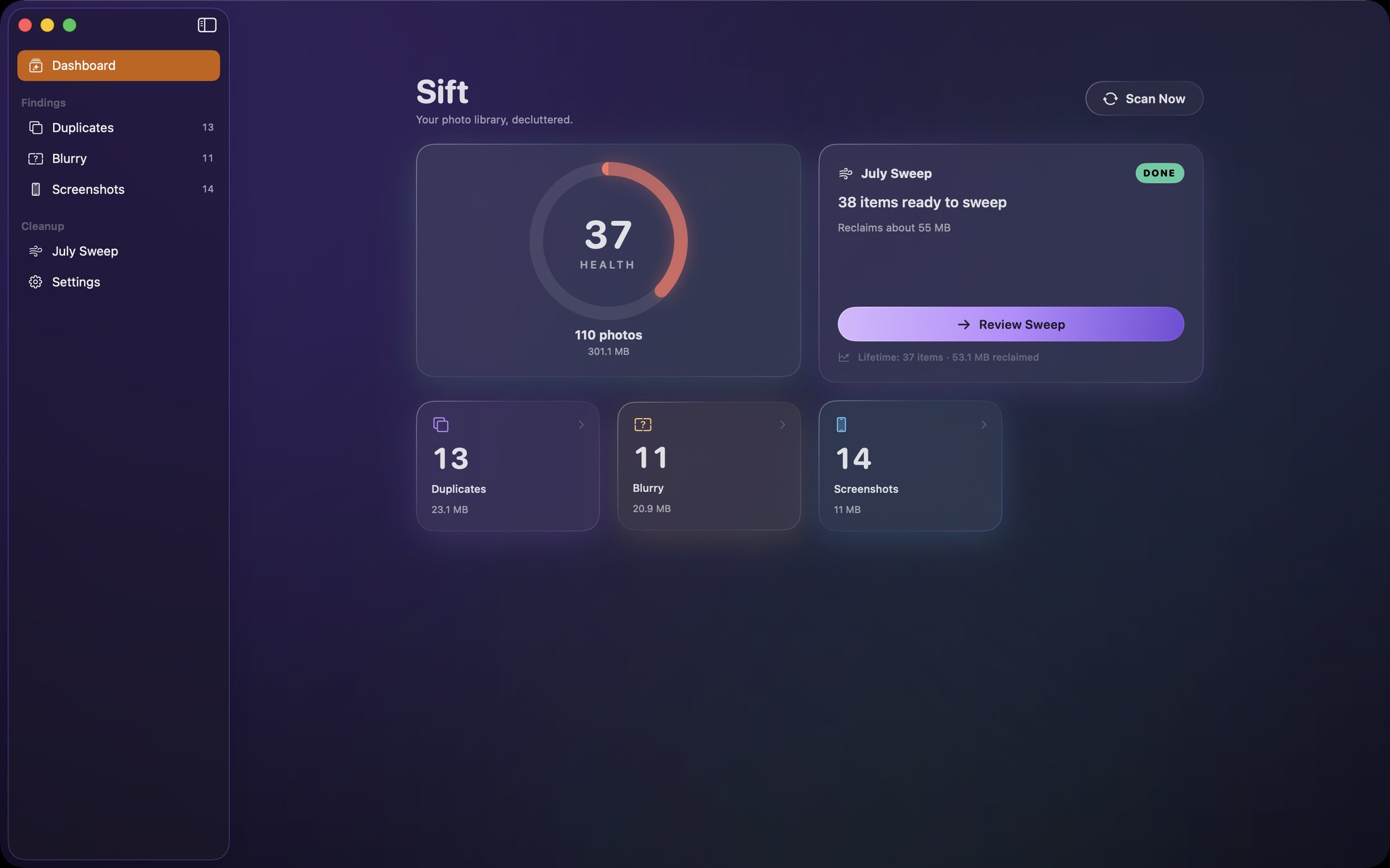 Sift dashboard with library health score, monthly sweep card and clutter counts.