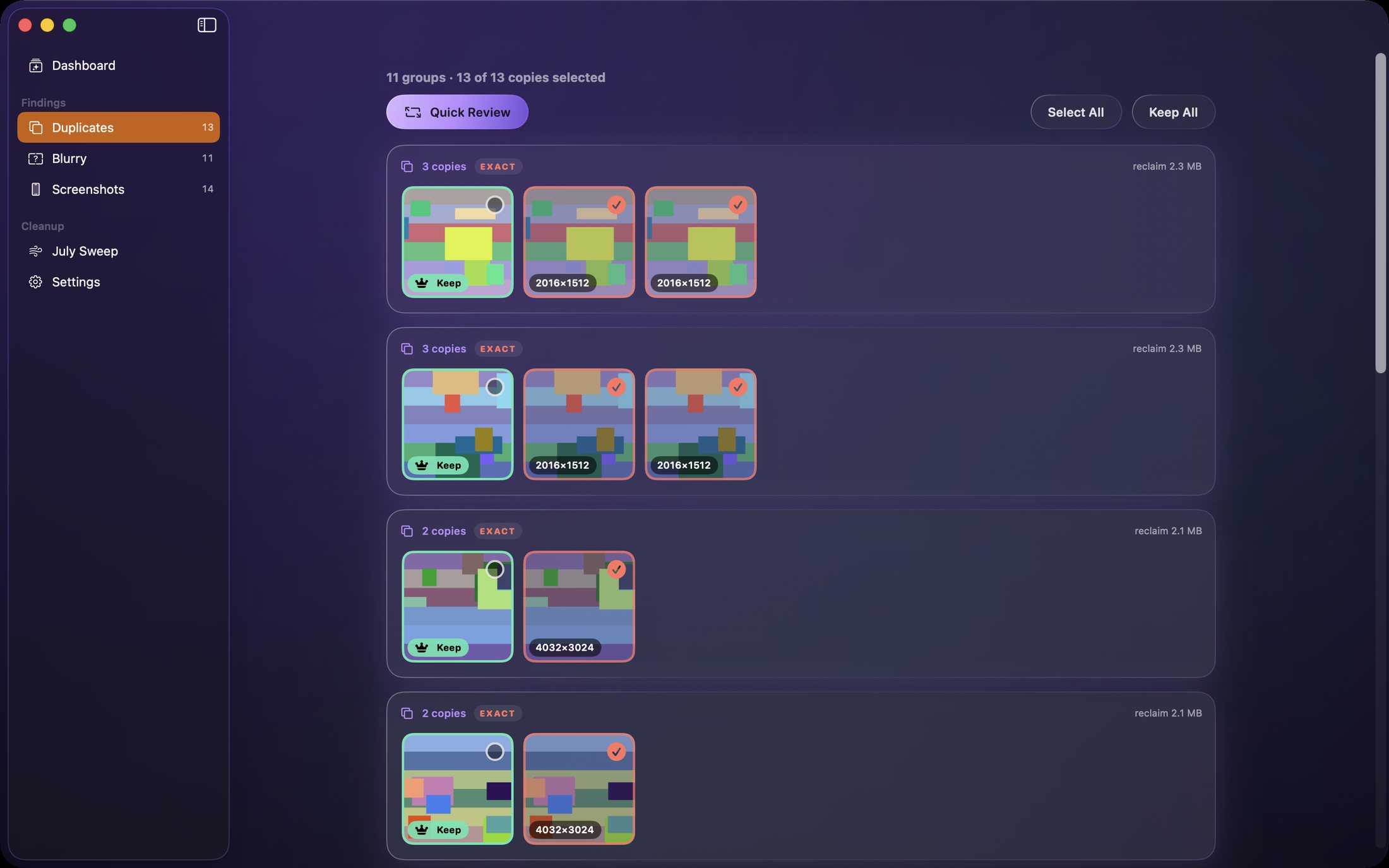 Duplicate groups — Each group shows every copy with resolution badges; the best shot is kept automatically and one click overrides it.