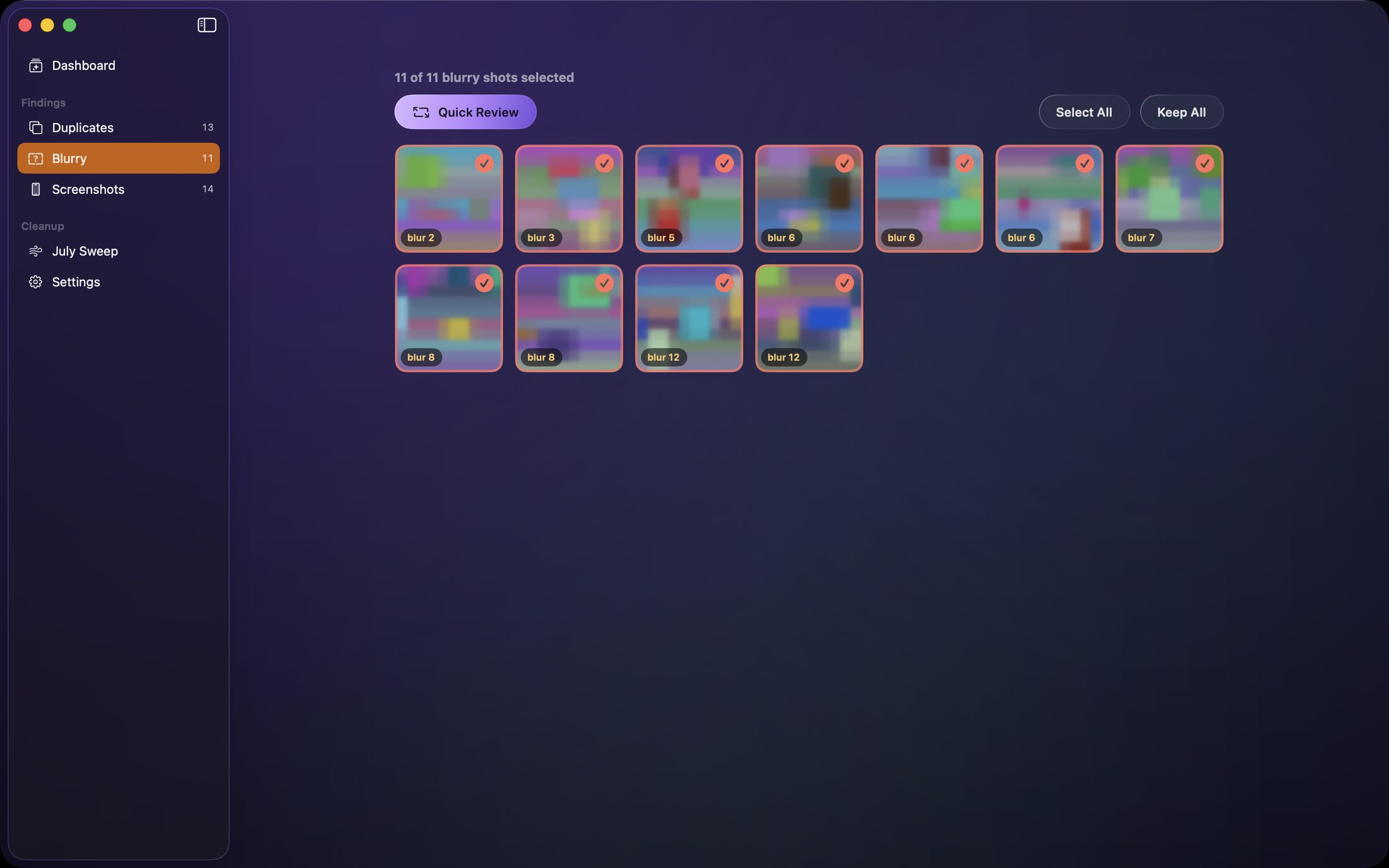 Blur review — Missed-focus shots in a grid, each with its blur score, all selected for review — keep anything with one click.
