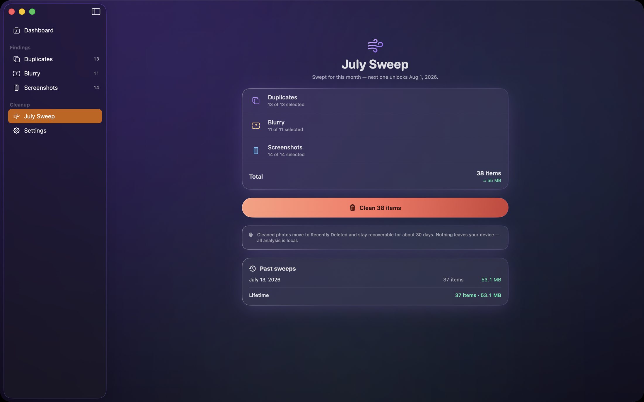 The monthly sweep — A single reviewable plan across duplicates, blur and screenshots, with lifetime reclaim stats.