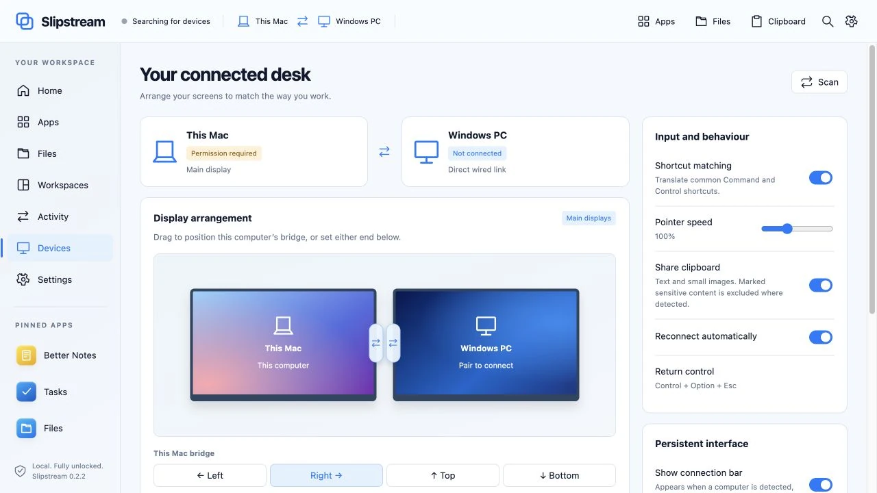 Slipstream — Interface view: independent screen-edge choices and compatible USB-C connection settings; no peer connected