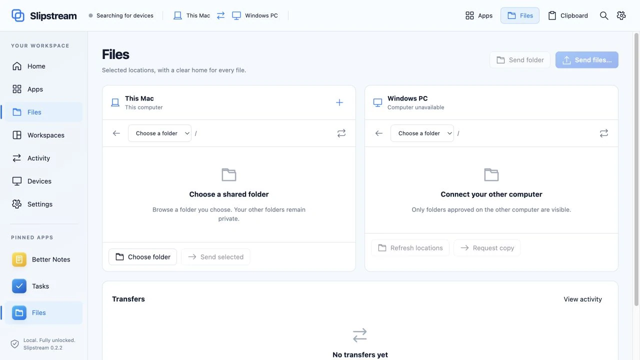 Slipstream — Interface view: selected-folder browser and Send/Request Copy controls; no peer connected
