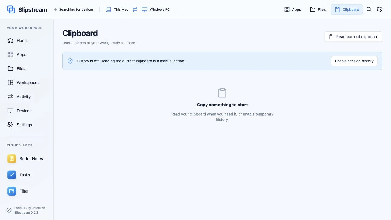 Slipstream — Interface view: manual clipboard read and optional session history controls