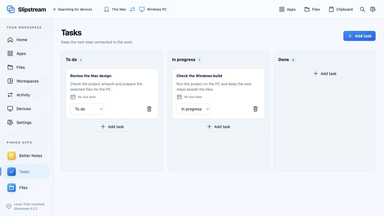 Slipstream — Interface view: sample Mac design and Windows build tasks in a three-column board