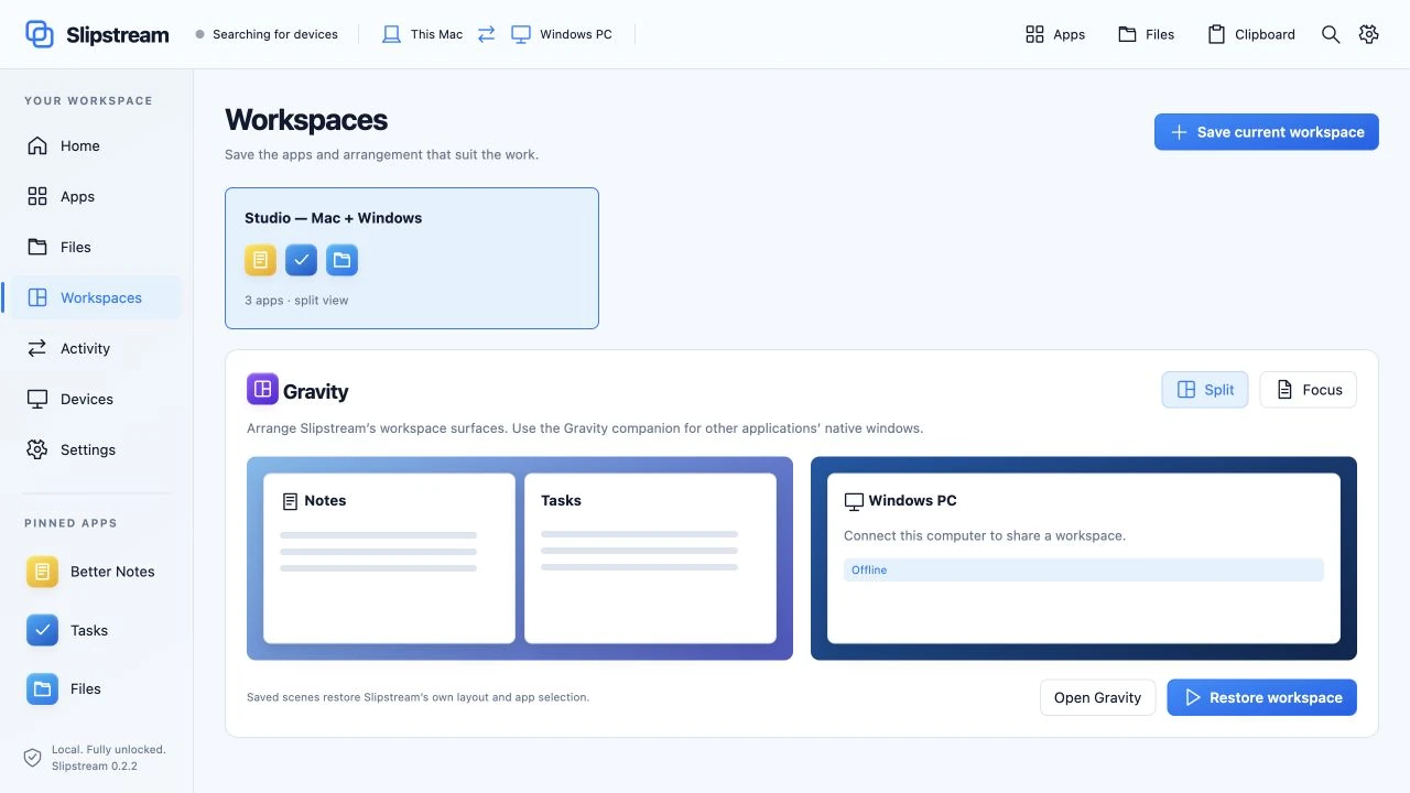 Slipstream — Interface view: saved app selection and split layout for a sample Studio workspace