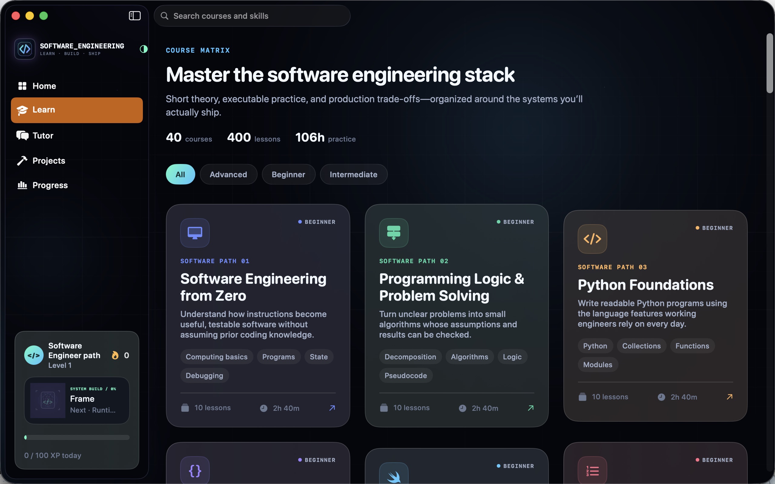 Software Engineering course catalog showing searchable courses with module and lesson completion.