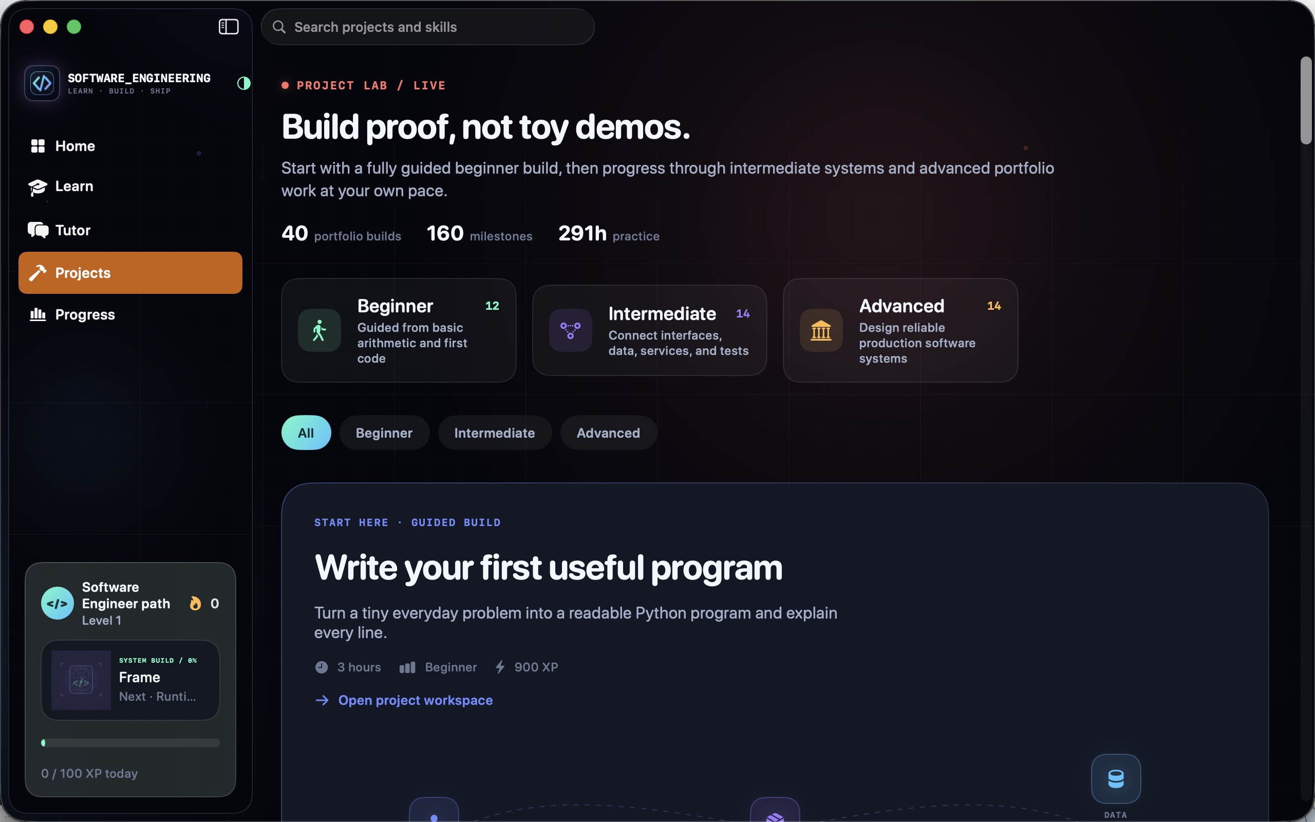 Software Engineering project list showing portfolio builds across beginner, intermediate, and advanced levels.
