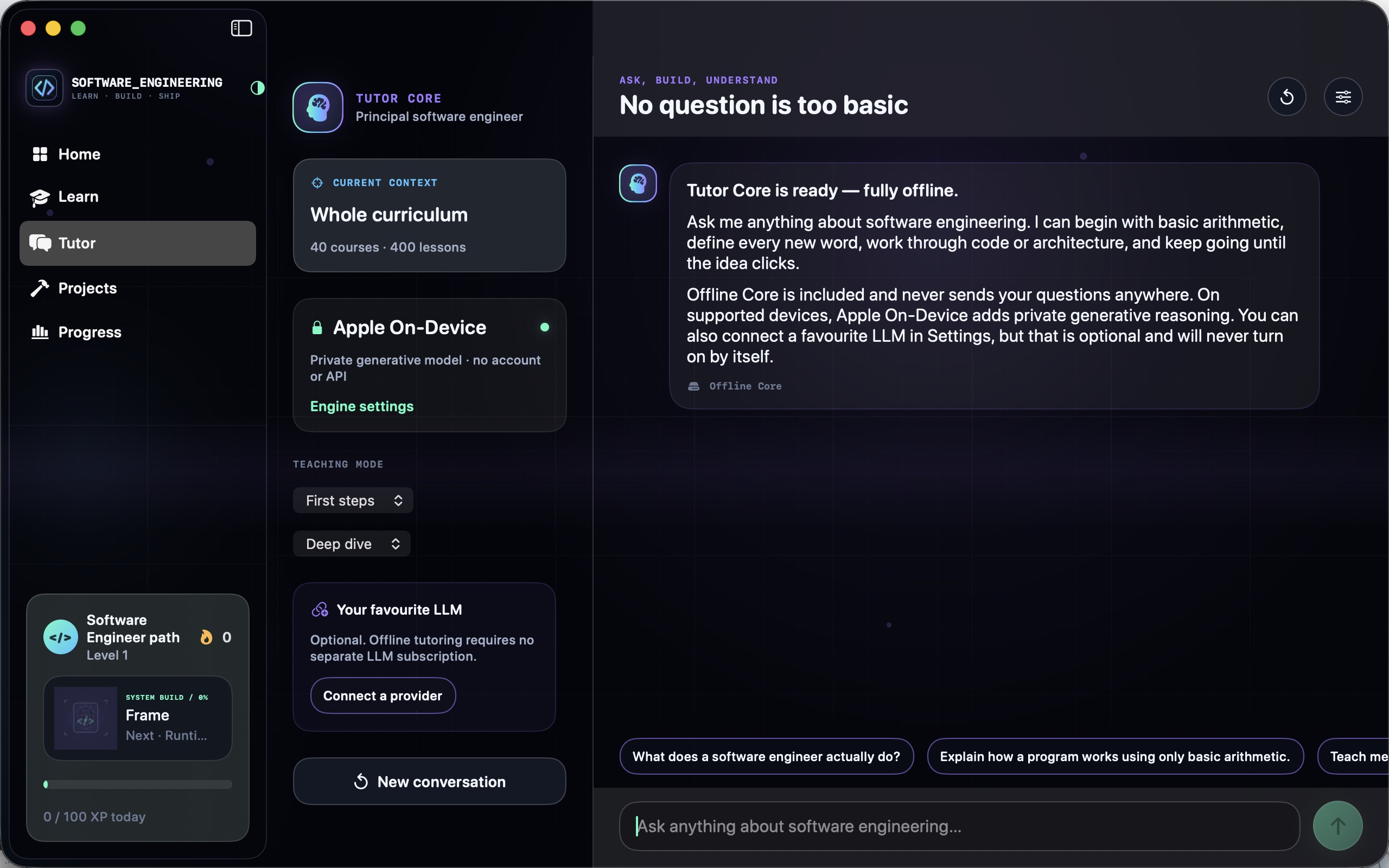 Software Engineering Tutor Core chat answering a curriculum question with lesson context.
