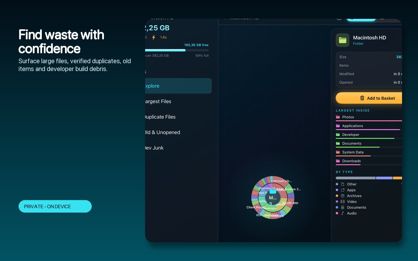 Smart finders — Large files, duplicates and build debris grouped with honest, verified sizes.