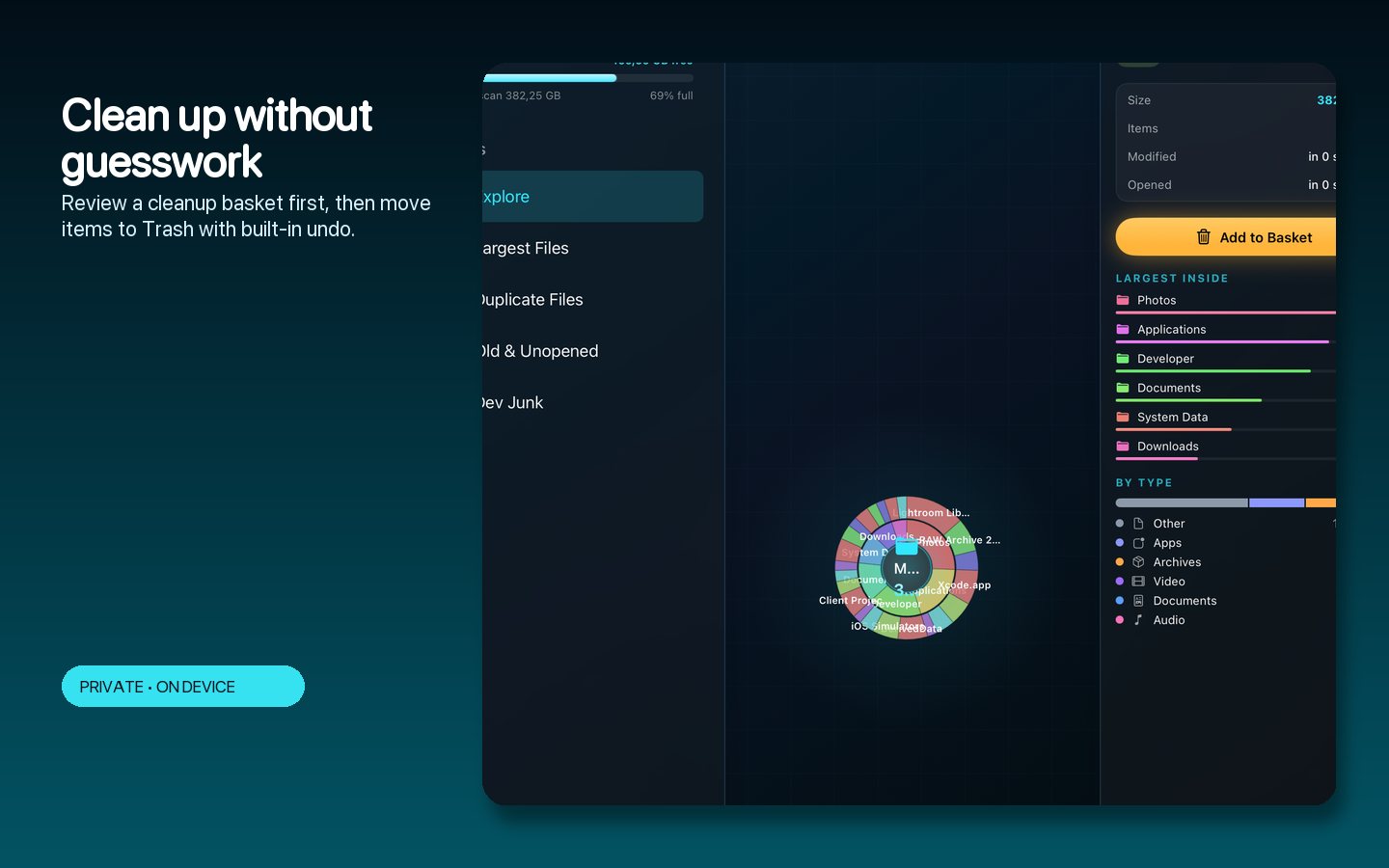 The basket — Review everything before it moves to Trash; undo brings it back.
