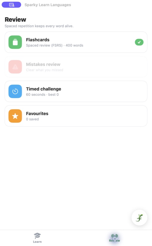 Sparky — Review modes spaced practice