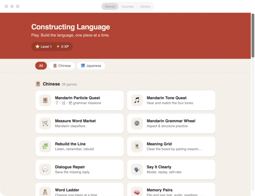 Squiddy Constructing Language — Build124 games library first launch