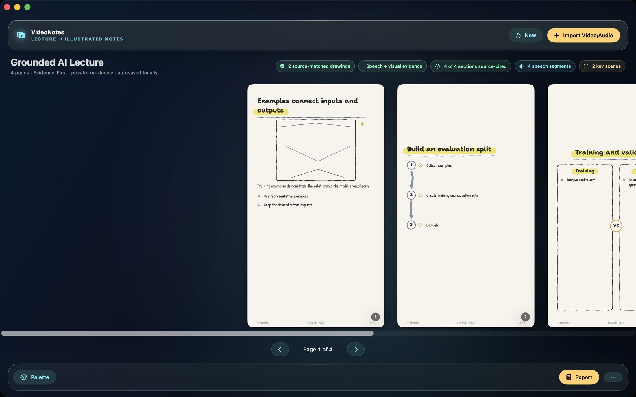 VideoNotes study set with hand-drawn sketchnote pages, evidence badges and export controls.