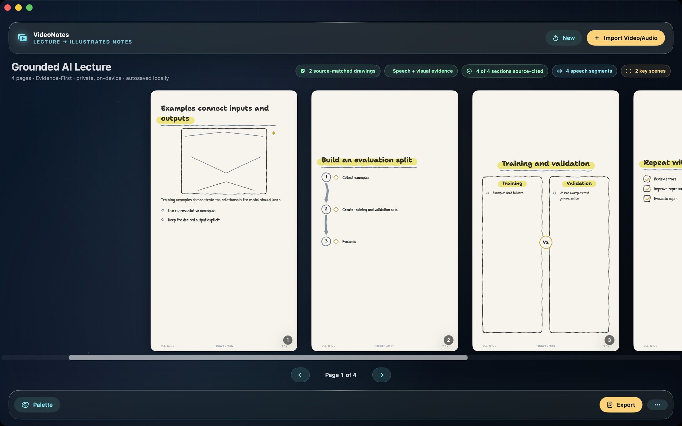 Browse, restyle and export — Flip through pages, switch palettes and hand-drawn styles, then export the whole set in one action.