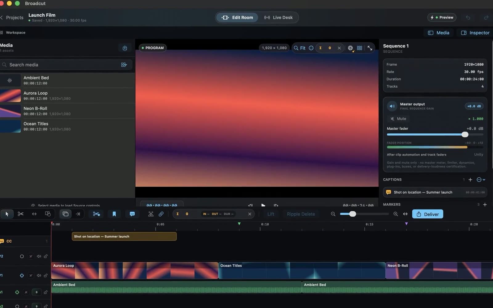 Broadcut editor with a programme viewer, a multitrack timeline and a scene inspector