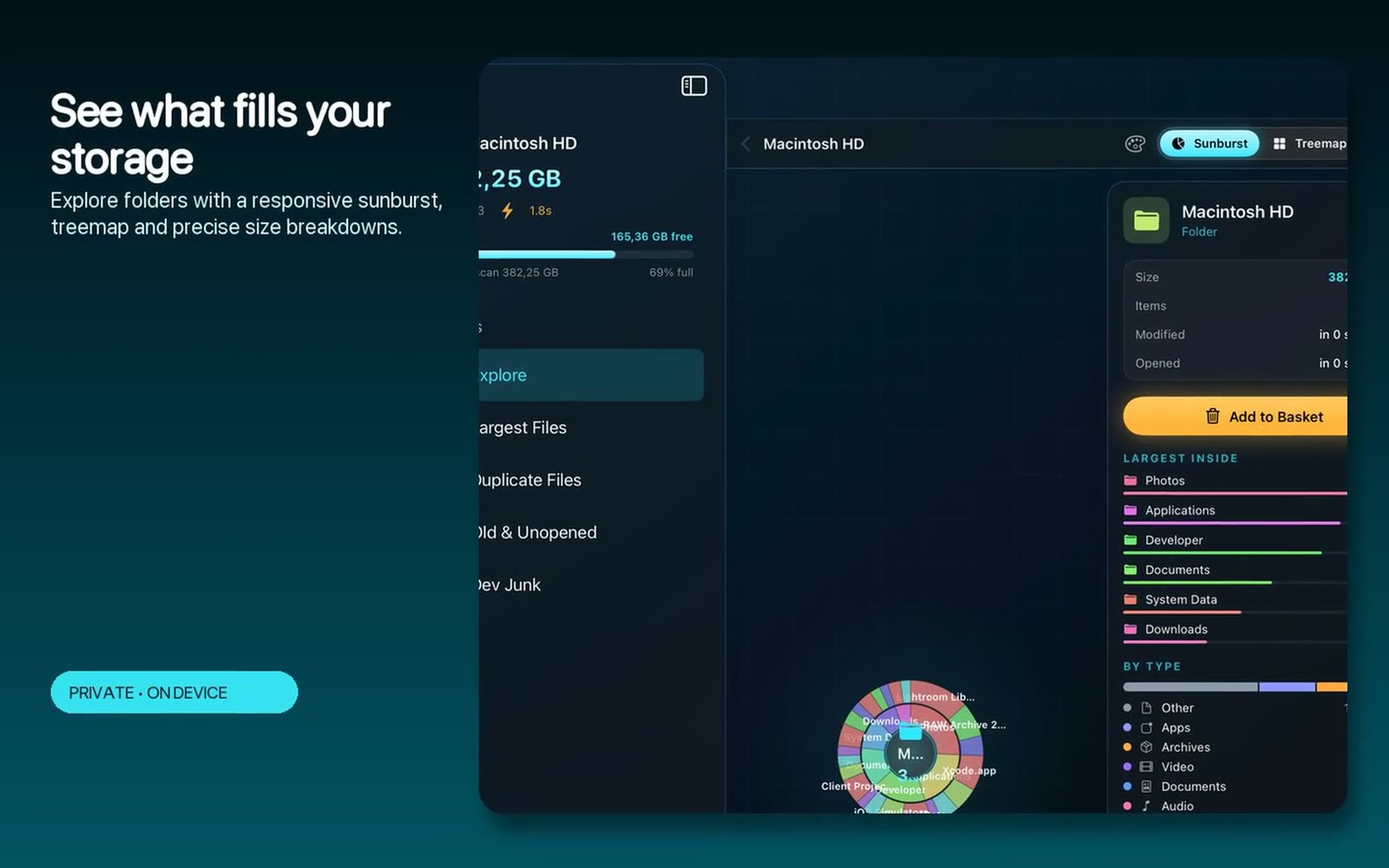 SpaceLens disk map of a real Mac's storage, with folders sized by the space they occupy